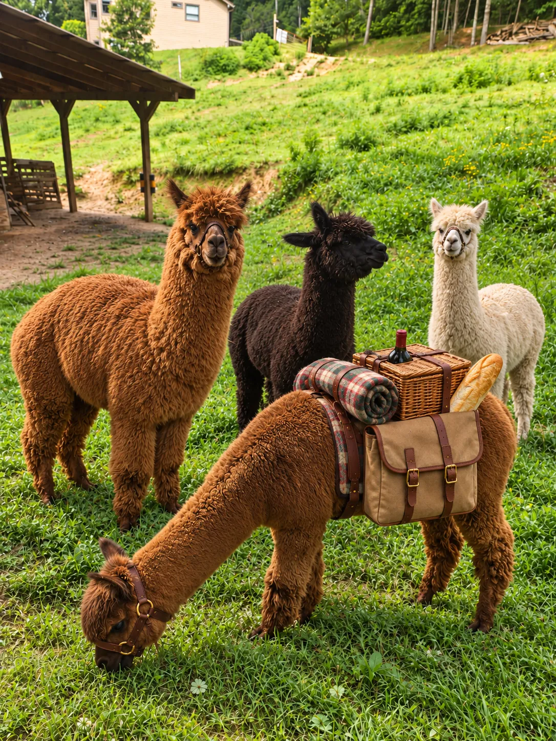 Alpacas loaded with picnic baskets and blankets