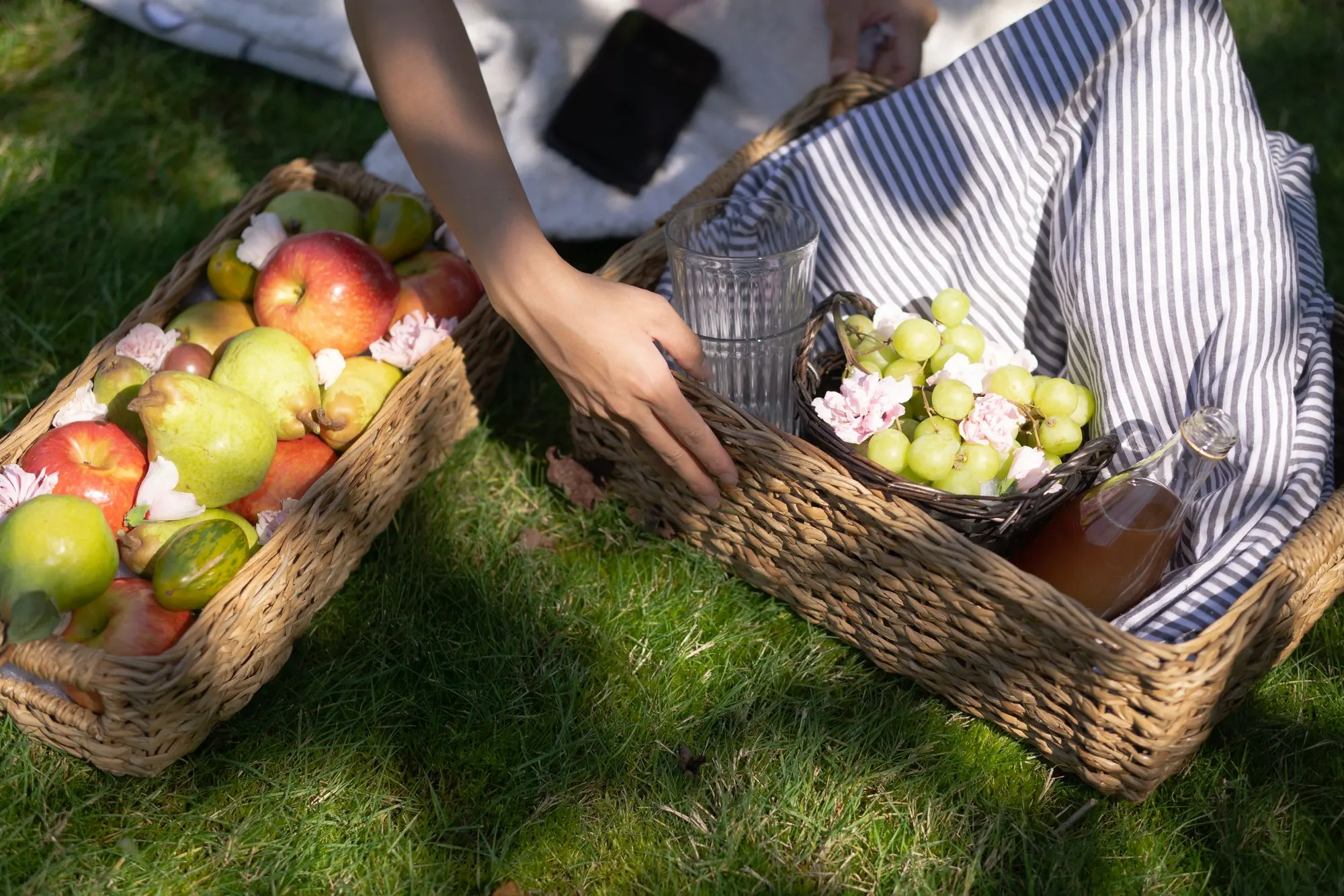 Wicker picnic baskets full of fruit on the grass